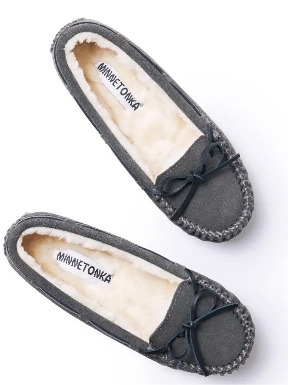 Minnetonka Women's Gray Suede Moccasin Slippers with Fleece Lining